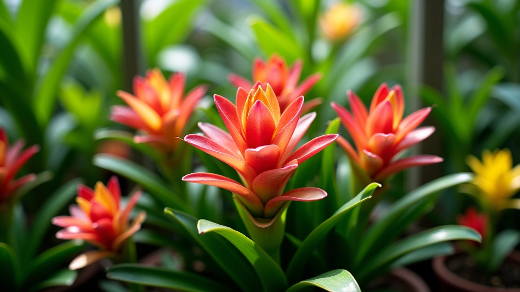 Žalios bromeliadų rosės su spalvingomis šerdimis šiltnamio sąlygomis, geriausiai žiūrint iš šono