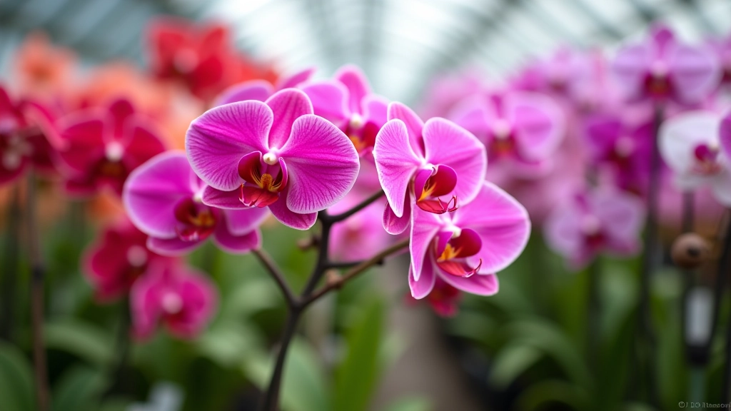 Spalvingos orchidėjos žiedai su dažytais žiedlapiais ir smulkiais detaliomis šiltnamio šešėlyje